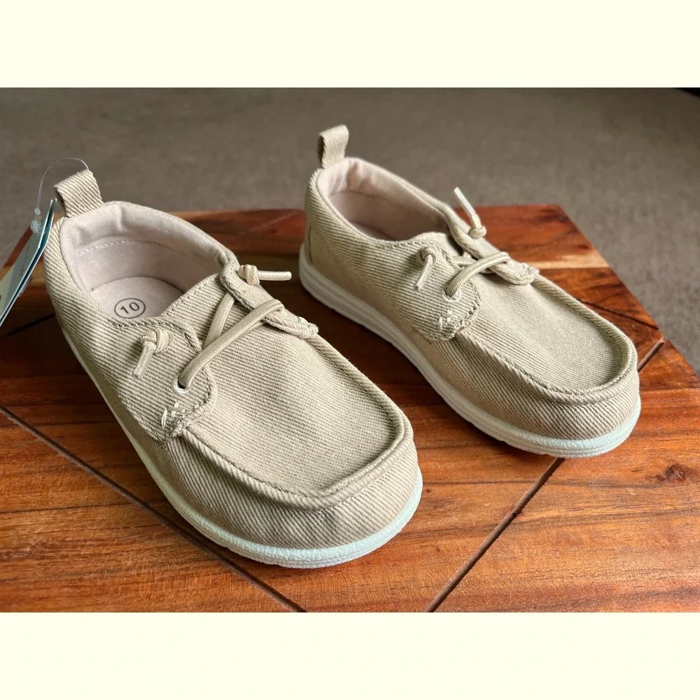 Cat & Jack Kids Tan Canvas Slip On Boat Shoes Moc Toe Loafers Size 10 NEW